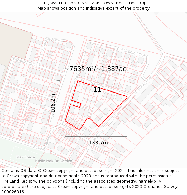11, WALLER GARDENS, LANSDOWN, BATH, BA1 9DJ: Plot and title map