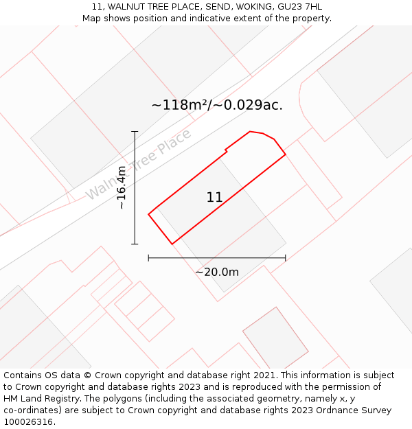 11, WALNUT TREE PLACE, SEND, WOKING, GU23 7HL: Plot and title map