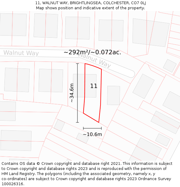11, WALNUT WAY, BRIGHTLINGSEA, COLCHESTER, CO7 0LJ: Plot and title map