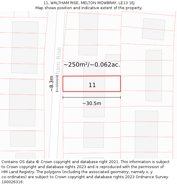 11, WALTHAM RISE, MELTON MOWBRAY, LE13 1EJ: Plot and title map