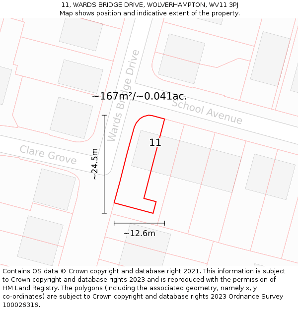 11, WARDS BRIDGE DRIVE, WOLVERHAMPTON, WV11 3PJ: Plot and title map