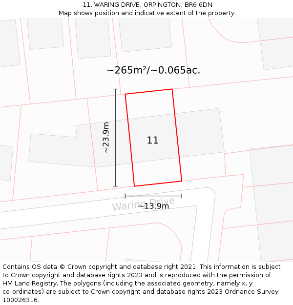 11, WARING DRIVE, ORPINGTON, BR6 6DN: Plot and title map