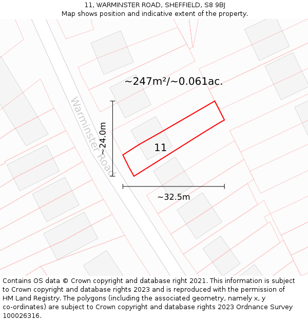 11, WARMINSTER ROAD, SHEFFIELD, S8 9BJ: Plot and title map