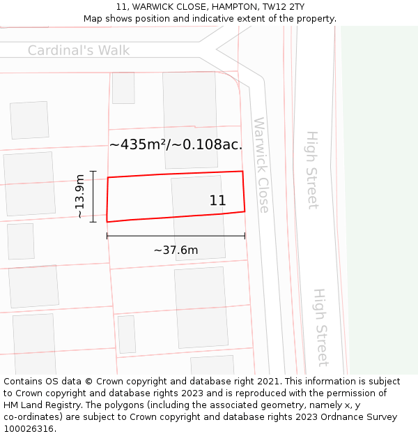 11, WARWICK CLOSE, HAMPTON, TW12 2TY: Plot and title map