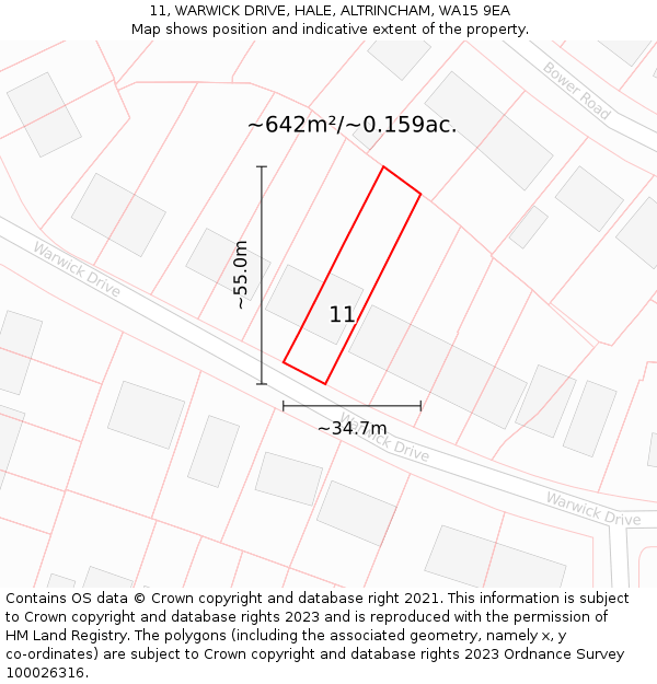 11, WARWICK DRIVE, HALE, ALTRINCHAM, WA15 9EA: Plot and title map