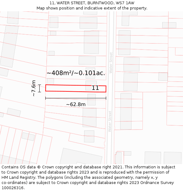 11, WATER STREET, BURNTWOOD, WS7 1AW: Plot and title map