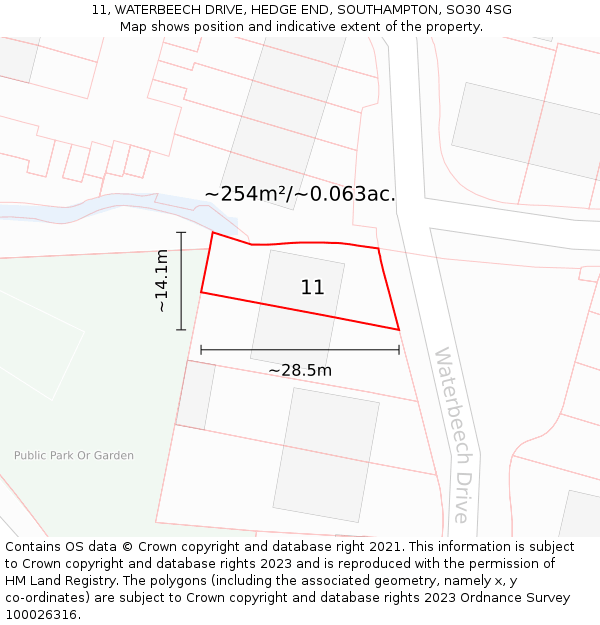 11, WATERBEECH DRIVE, HEDGE END, SOUTHAMPTON, SO30 4SG: Plot and title map