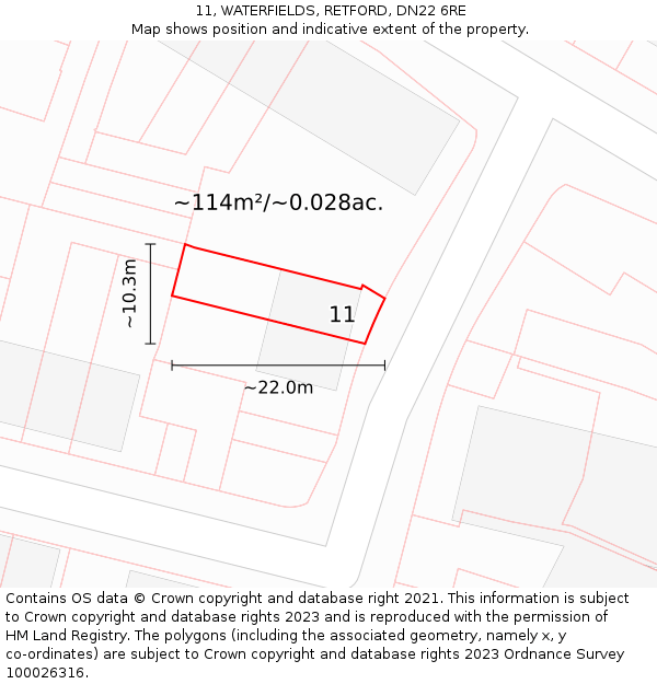 11, WATERFIELDS, RETFORD, DN22 6RE: Plot and title map