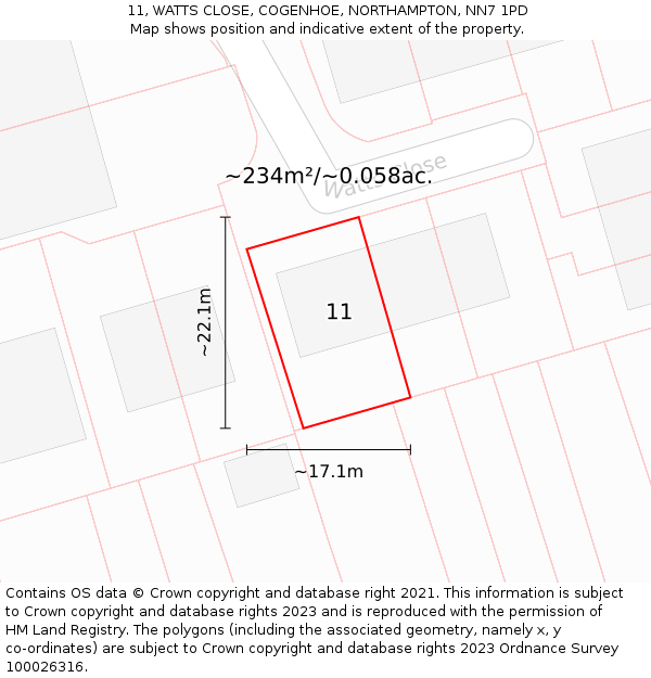 11, WATTS CLOSE, COGENHOE, NORTHAMPTON, NN7 1PD: Plot and title map