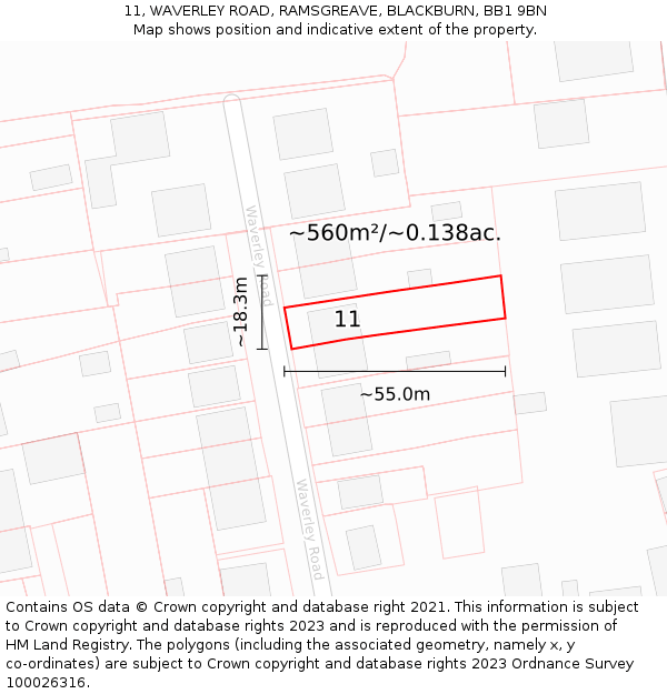 11, WAVERLEY ROAD, RAMSGREAVE, BLACKBURN, BB1 9BN: Plot and title map