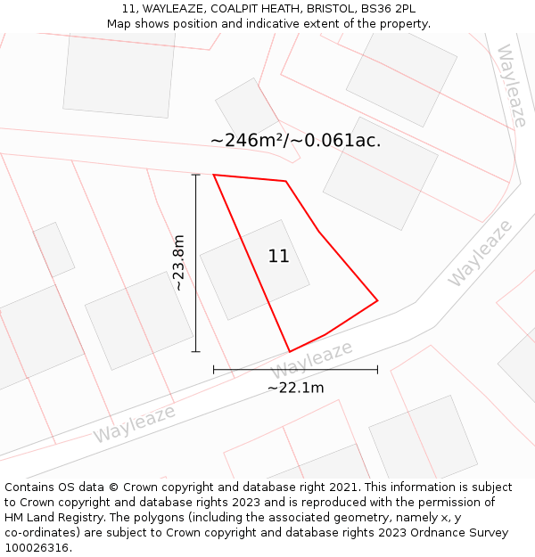 11, WAYLEAZE, COALPIT HEATH, BRISTOL, BS36 2PL: Plot and title map