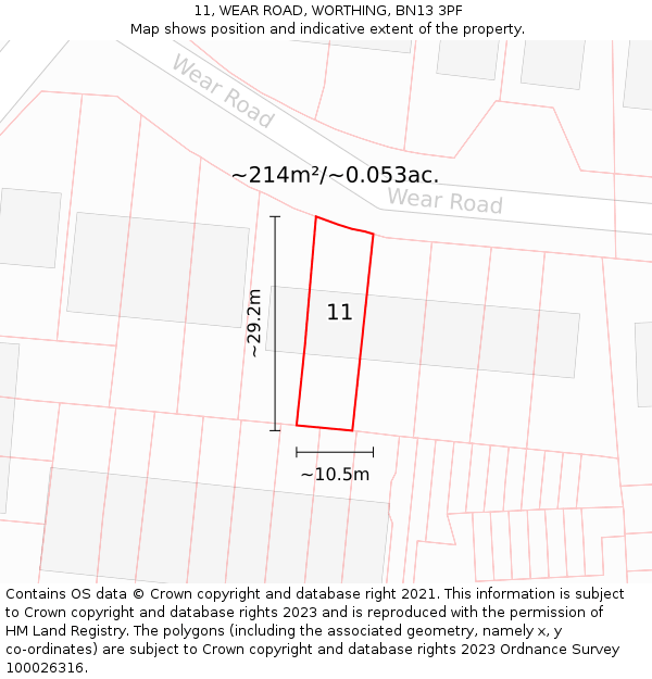 11, WEAR ROAD, WORTHING, BN13 3PF: Plot and title map