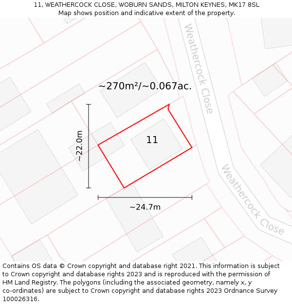 11, WEATHERCOCK CLOSE, WOBURN SANDS, MILTON KEYNES, MK17 8SL: Plot and title map