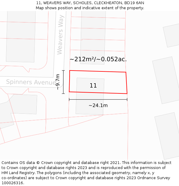 11, WEAVERS WAY, SCHOLES, CLECKHEATON, BD19 6AN: Plot and title map