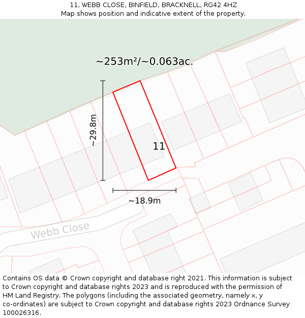 11, WEBB CLOSE, BINFIELD, BRACKNELL, RG42 4HZ: Plot and title map