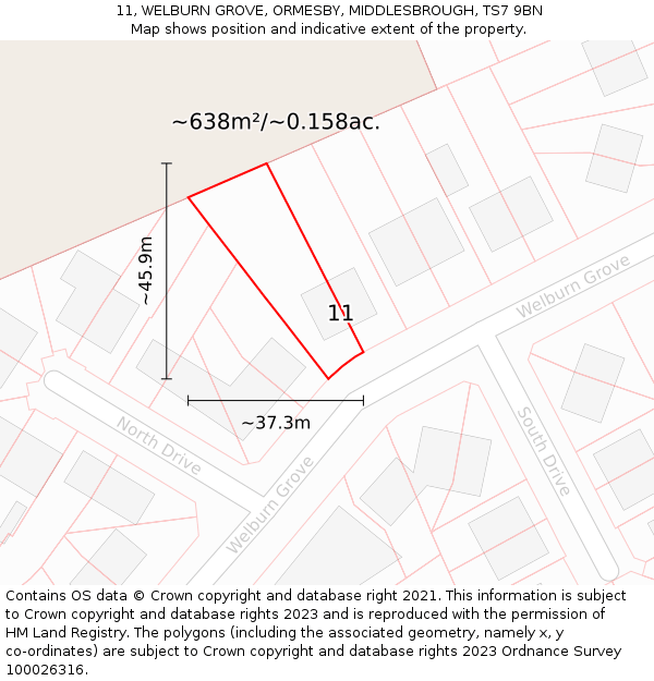 11, WELBURN GROVE, ORMESBY, MIDDLESBROUGH, TS7 9BN: Plot and title map