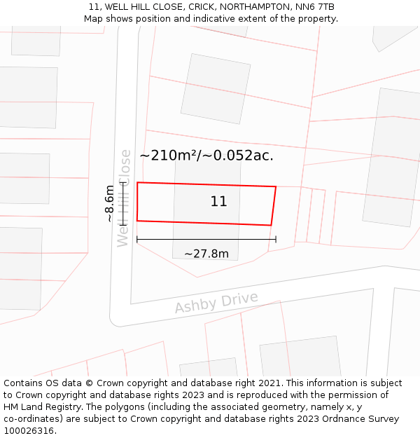 11, WELL HILL CLOSE, CRICK, NORTHAMPTON, NN6 7TB: Plot and title map