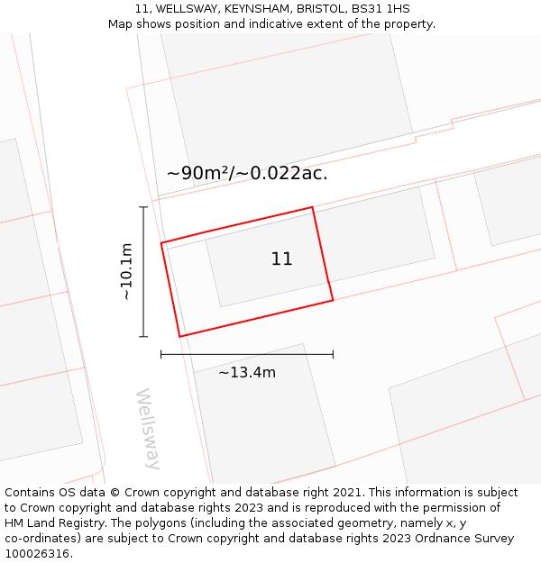 11, WELLSWAY, KEYNSHAM, BRISTOL, BS31 1HS: Plot and title map