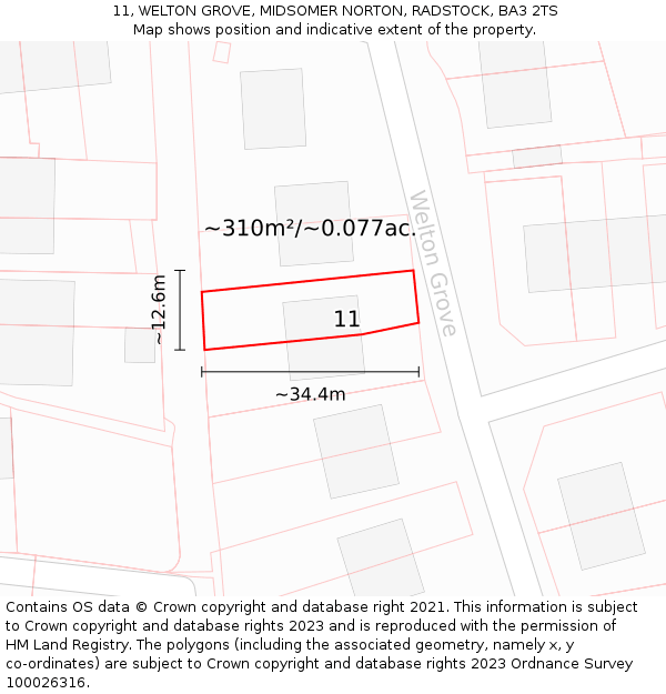 11, WELTON GROVE, MIDSOMER NORTON, RADSTOCK, BA3 2TS: Plot and title map