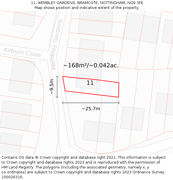 11, WEMBLEY GARDENS, BRAMCOTE, NOTTINGHAM, NG9 3FE: Plot and title map