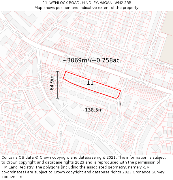 11, WENLOCK ROAD, HINDLEY, WIGAN, WN2 3RR: Plot and title map
