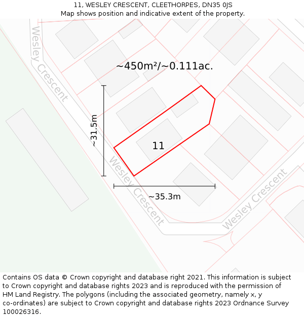 11, WESLEY CRESCENT, CLEETHORPES, DN35 0JS: Plot and title map