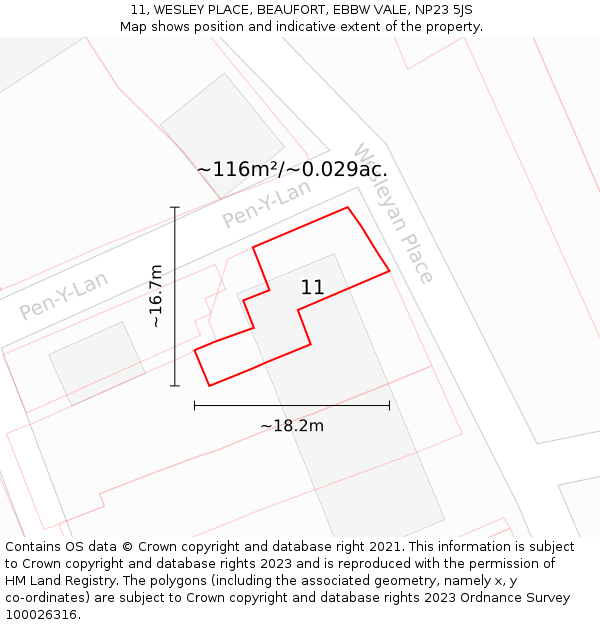 11, WESLEY PLACE, BEAUFORT, EBBW VALE, NP23 5JS: Plot and title map