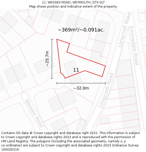 11, WESSEX ROAD, WEYMOUTH, DT4 0LT: Plot and title map