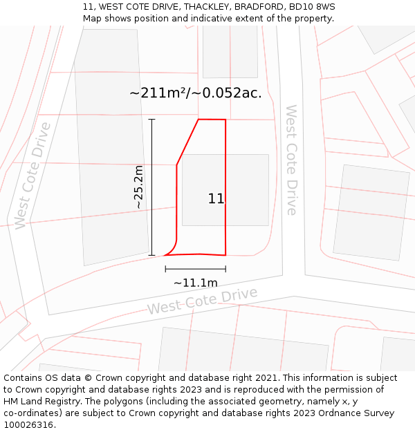11, WEST COTE DRIVE, THACKLEY, BRADFORD, BD10 8WS: Plot and title map