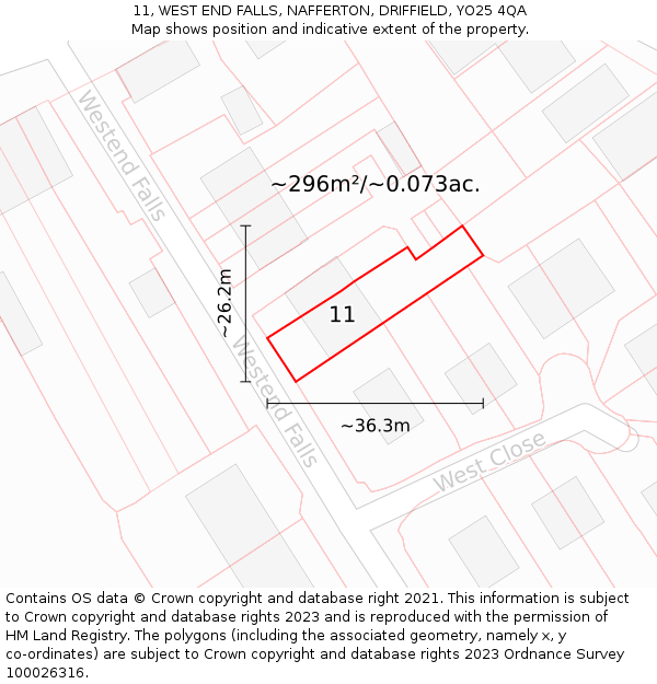 11, WEST END FALLS, NAFFERTON, DRIFFIELD, YO25 4QA: Plot and title map