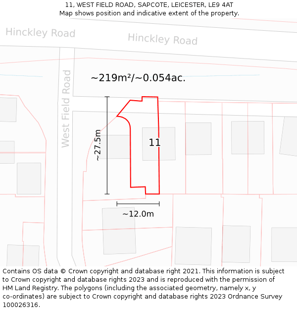11, WEST FIELD ROAD, SAPCOTE, LEICESTER, LE9 4AT: Plot and title map