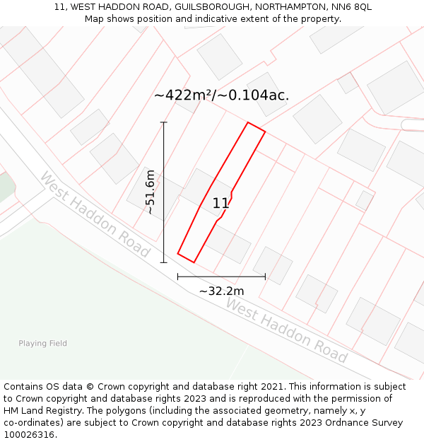11, WEST HADDON ROAD, GUILSBOROUGH, NORTHAMPTON, NN6 8QL: Plot and title map