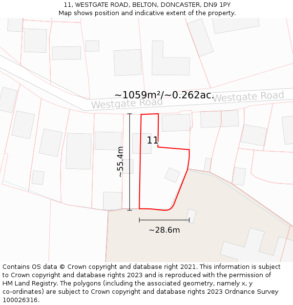 11, WESTGATE ROAD, BELTON, DONCASTER, DN9 1PY: Plot and title map