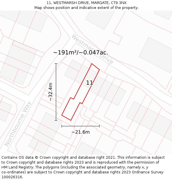 11, WESTMARSH DRIVE, MARGATE, CT9 3NX: Plot and title map