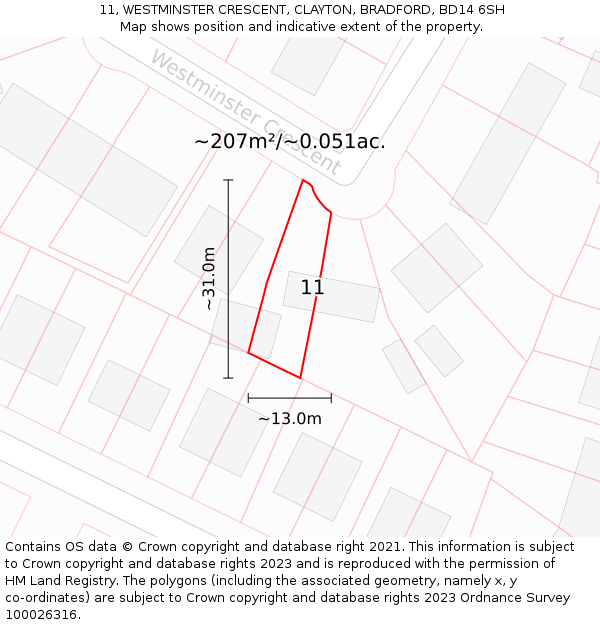 11, WESTMINSTER CRESCENT, CLAYTON, BRADFORD, BD14 6SH: Plot and title map