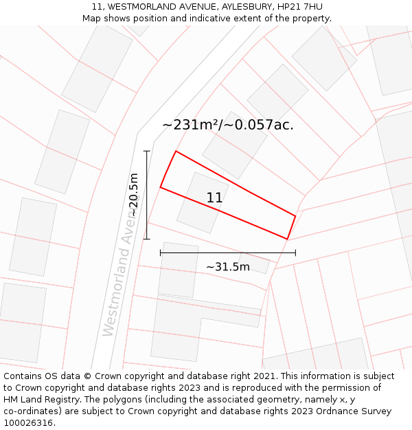 11, WESTMORLAND AVENUE, AYLESBURY, HP21 7HU: Plot and title map