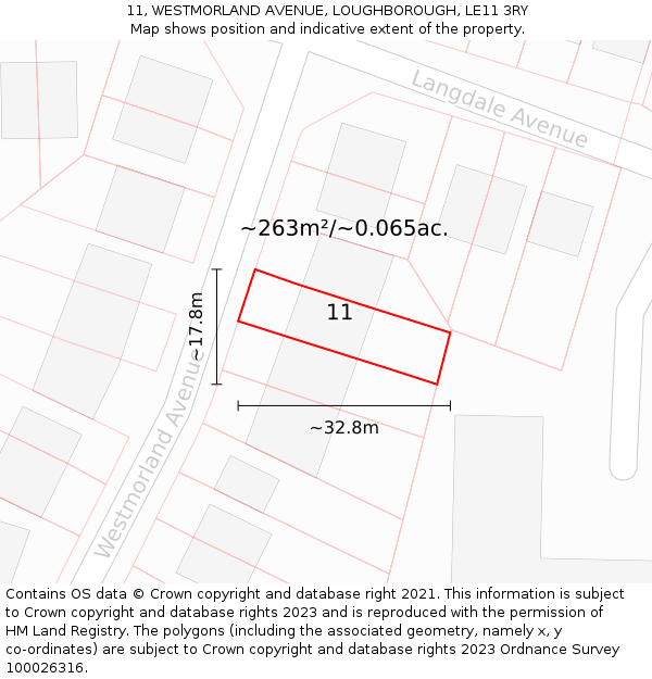 11, WESTMORLAND AVENUE, LOUGHBOROUGH, LE11 3RY: Plot and title map