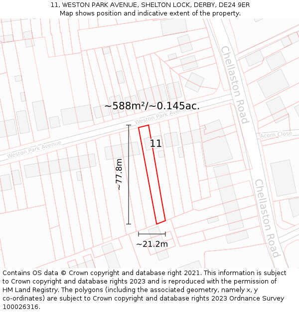 11, WESTON PARK AVENUE, SHELTON LOCK, DERBY, DE24 9ER: Plot and title map