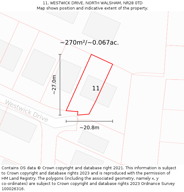 11, WESTWICK DRIVE, NORTH WALSHAM, NR28 0TD: Plot and title map