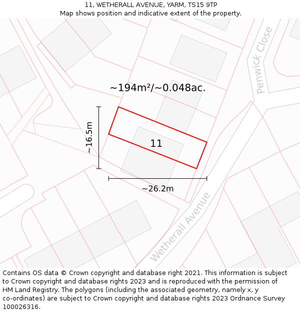 11, WETHERALL AVENUE, YARM, TS15 9TP: Plot and title map