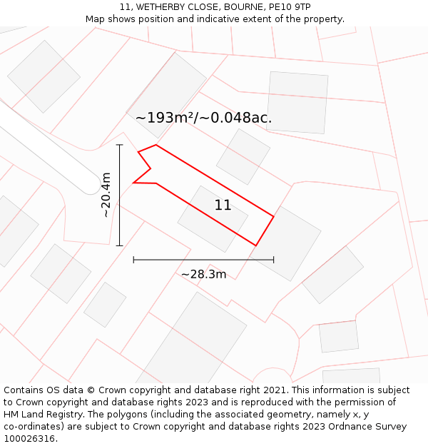 11, WETHERBY CLOSE, BOURNE, PE10 9TP: Plot and title map