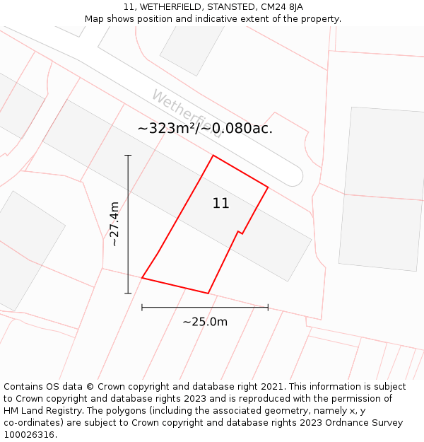 11, WETHERFIELD, STANSTED, CM24 8JA: Plot and title map
