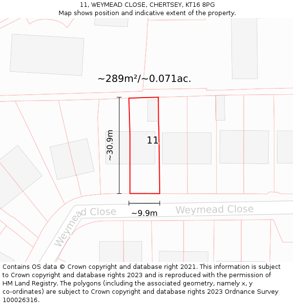 11, WEYMEAD CLOSE, CHERTSEY, KT16 8PG: Plot and title map