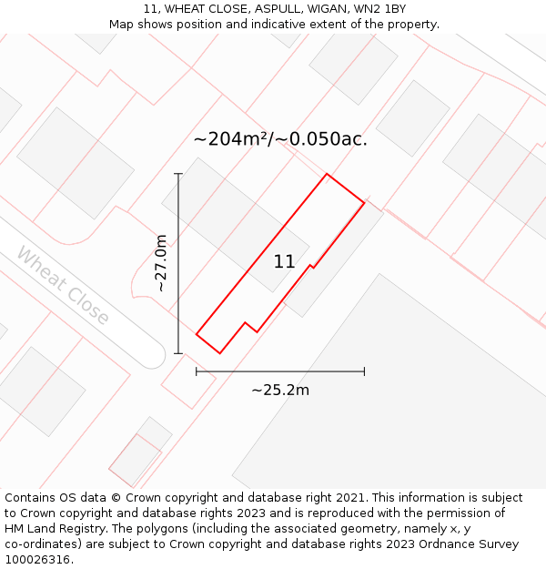 11, WHEAT CLOSE, ASPULL, WIGAN, WN2 1BY: Plot and title map