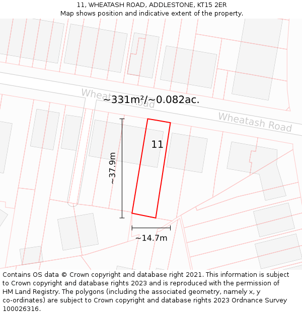 11, WHEATASH ROAD, ADDLESTONE, KT15 2ER: Plot and title map
