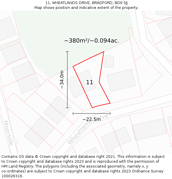 11, WHEATLANDS DRIVE, BRADFORD, BD9 5JJ: Plot and title map