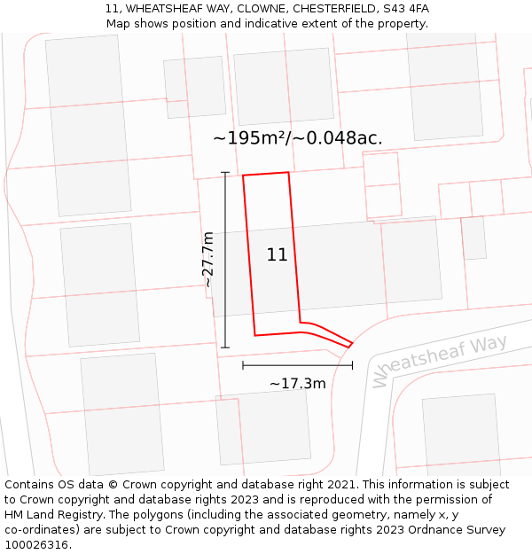 11, WHEATSHEAF WAY, CLOWNE, CHESTERFIELD, S43 4FA: Plot and title map
