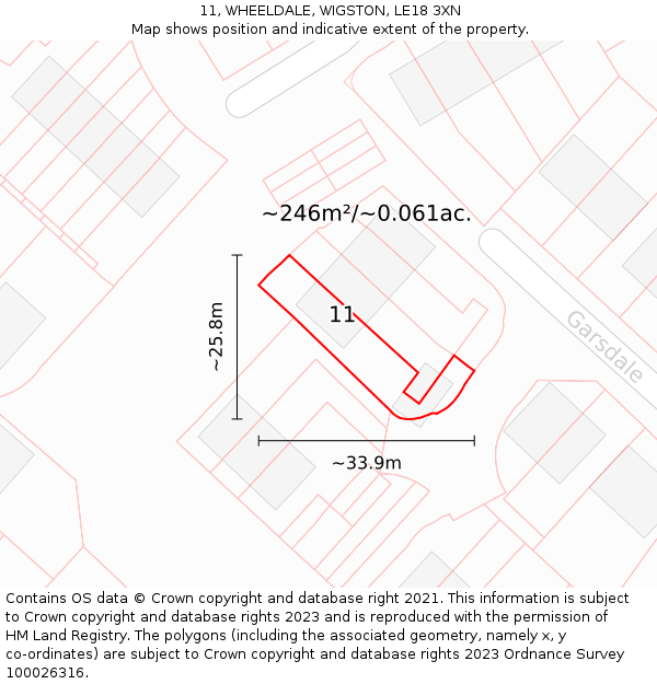11, WHEELDALE, WIGSTON, LE18 3XN: Plot and title map