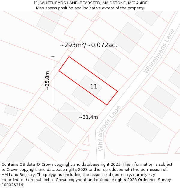 11, WHITEHEADS LANE, BEARSTED, MAIDSTONE, ME14 4DE: Plot and title map