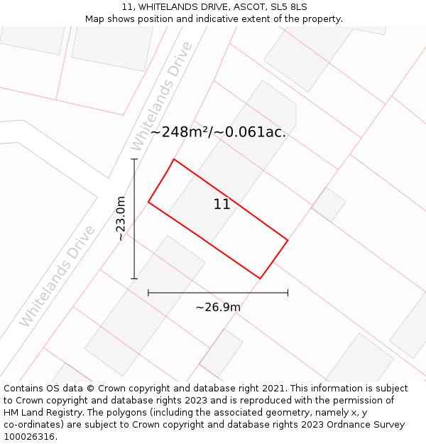 11, WHITELANDS DRIVE, ASCOT, SL5 8LS: Plot and title map